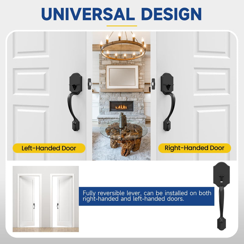 Black Front Door Handle No Lock, Exterior Door Handles with Passage Lever, Entry Door Handle Reversible for Left & Right Matte Black No Deadbolt