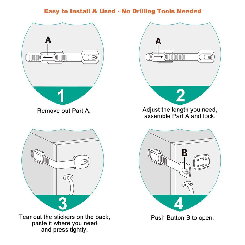 Vmaisi Baby Proofing Cabinet Locks - Childproofing Adjustable Multi Use Straps Latches for Drawers, Fridge, Dishwasher, Toilet Seat, Cupboard, Closet, Oven,Trash Can, Adhesive No Drilling (White) (20) 20