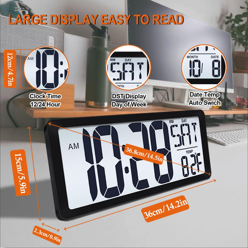 15 Inch Large Rechargeable Digital LCD Wall Clock with Backlight Glow in the Dark,Night Light Wall Clock with Week,Date & Temperature,DST,Alarm Display for Living Room, Bedroom, Gift for Elderly Black