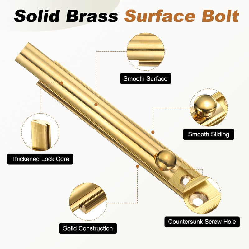 uxcell 2Pcs 4" Solid Brass Surface Bolt, Concealed Security Slide Latch Door Lock with Screws, Polished French Door Lock for Closet Cabinet Recessed Doors, Brass Tone 4 Inch 2
