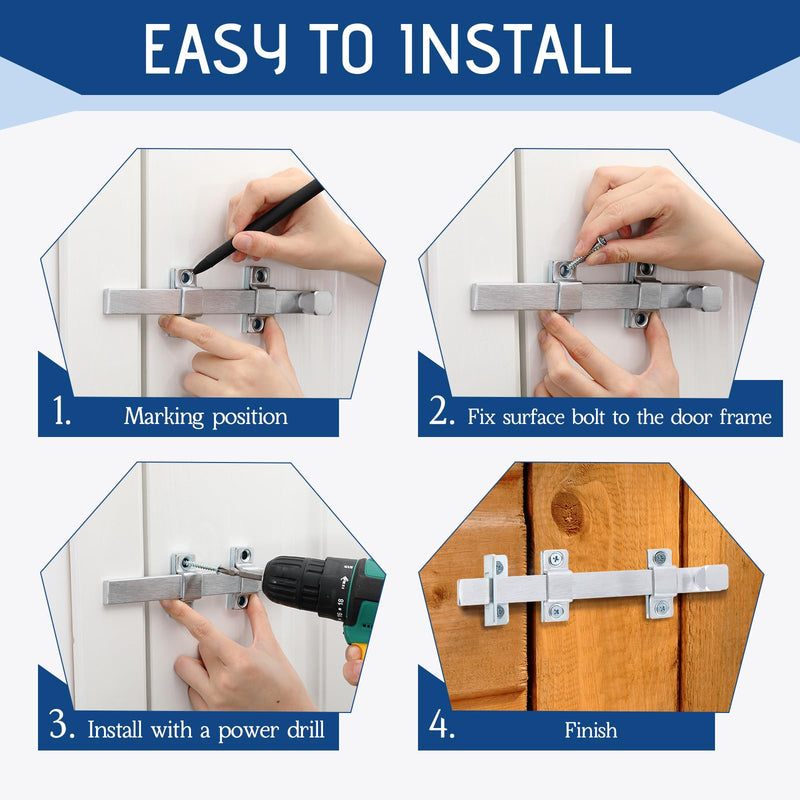 Hicarer 2 Pcs Surface Bolt 8" Heavy Duty Dutch Door Latch Door Bolt Brushed Chrome Finish for Swing Interior Exterior Doors 8 Inch
