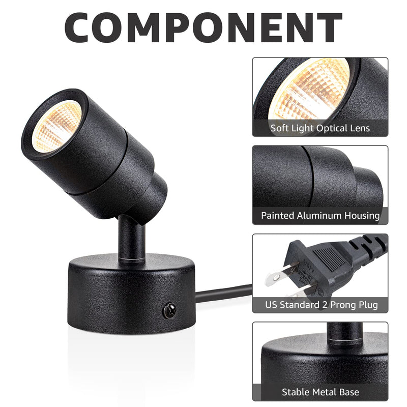 SUNVIE 2 Pack LED 120V SpotLights Indoor, 3W Up Lights Floor Spotlight, 3000K Uplights Indoor Accent Lighting for Plants Pictures Artwork, 5.9 FT Cord with Foot Switch
