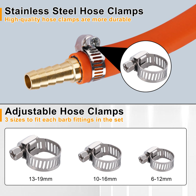 26PCS Brass Hose Barb Fitting,Barb Splicer Mender Hose Fittings 3/16" 1/4" 5/16" 3/8" 1/2" 5/8" with 52Pcs Stainless Steel Pipe Hose Clamps for Air/Fuel/Water/Oil Hose 26pcs barb splicer