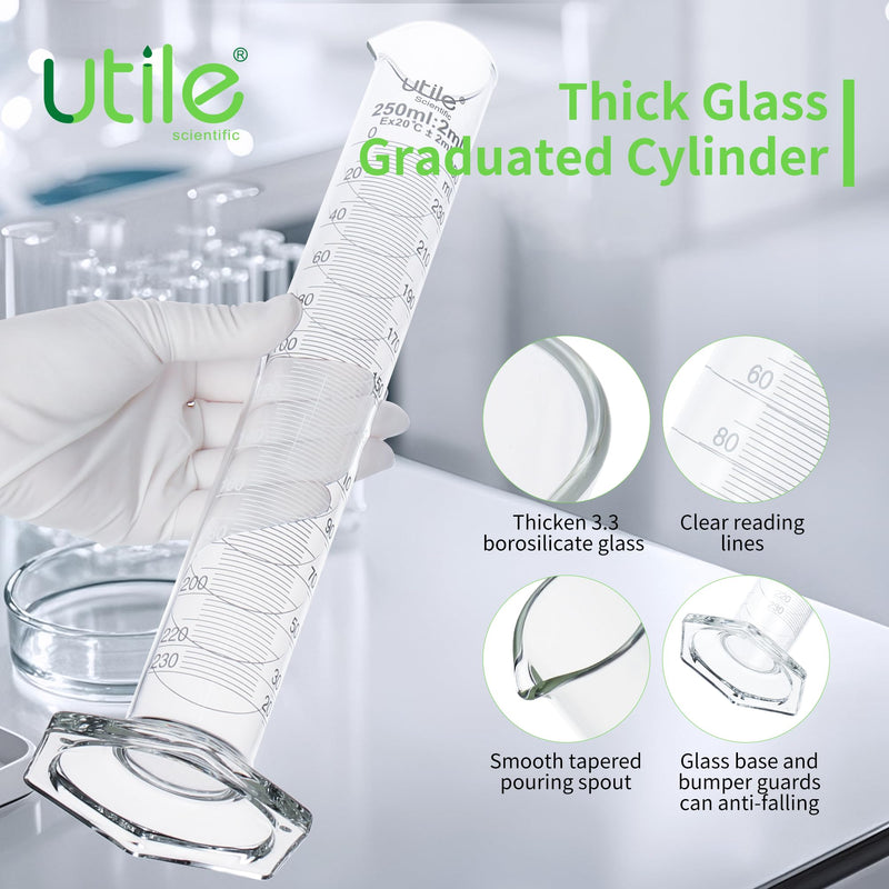 Utile 2 PCS Glass Graduated Cylinder Set 250ml, 3.3 Borosilicate Glass Cylinder with Glass hex Base,Lab Cylinders Glass Measuring Cylinder, 4202.0250.2 2pcs of 250ml