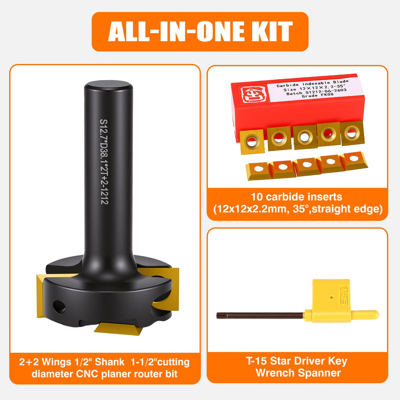 Surfacing Flattening Router Bit,1/2" Shank 1-1/2" Cutting Diameter,2+2 Replaceable Inserts with 10 Extra Blades,2+2 Flute Slab Flattening & Planing for Woodworking S12.7*D38.1