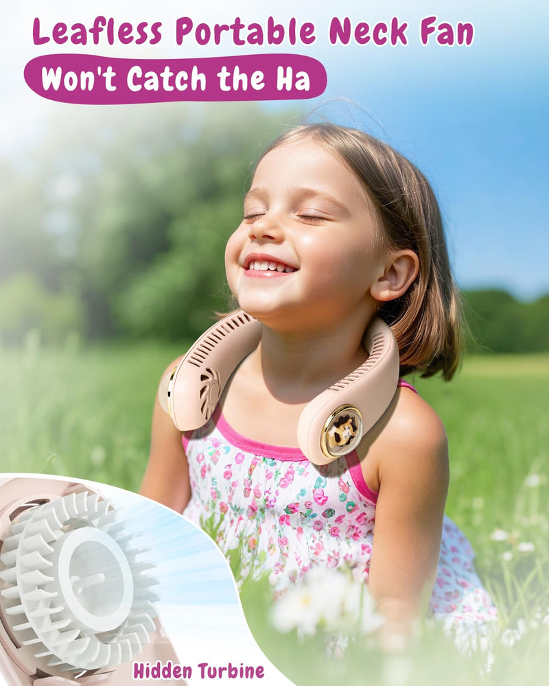 Neck Fan for Kids,Bladeless Portable Fan Rechargeable for 4-14Y Girls & Boys, 2400mAh USB Personal Cooling Mini Fan Rechargeable for Travel/Disney/Camping, 3 Speeds, Summer Essentials(Beige) Beige
