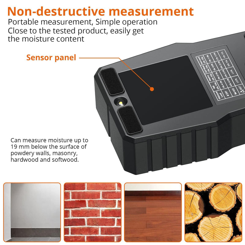 Proster Pinless Wood Moisture Meter - Non Destructive Moisture Tester for Wood Wallboard Masonry, Detect up to 3/4 Inch Below Surface, Backlit Color LCD, Visual Audible Alarm BLACK