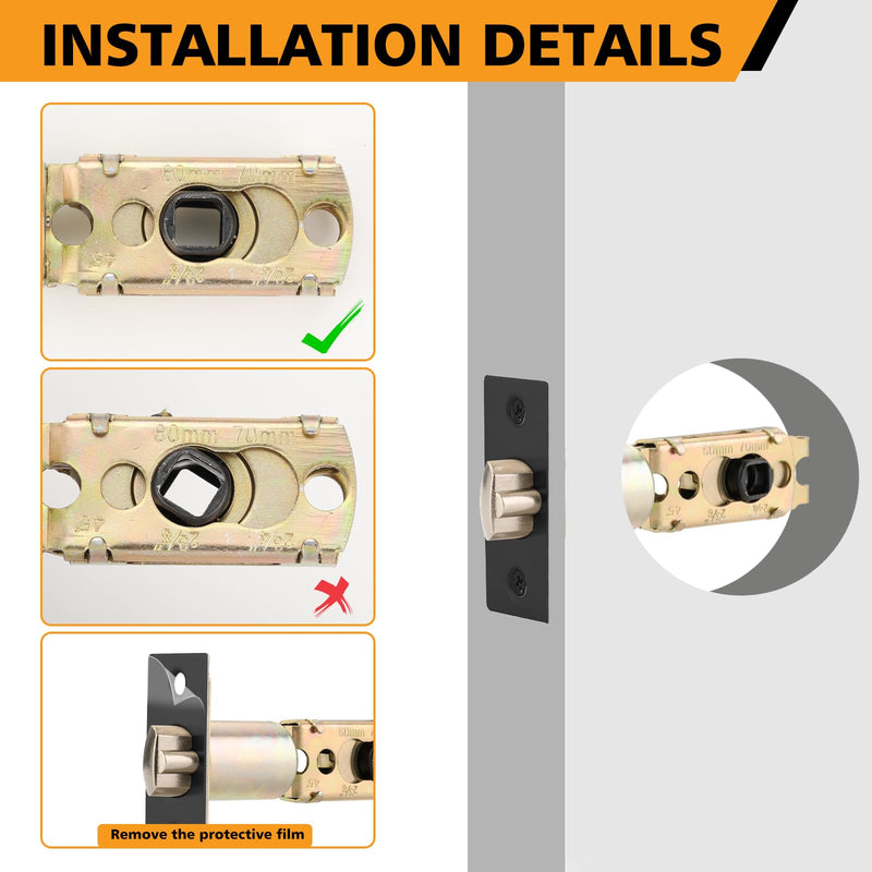 Adjustable Door Latch 2-3/8''(60mm)or 2-3/4''(70mm), 45° Turning Angle Universal Door Lock Replacement Part with 5/16'' Square Hole, Suitable for Interior Door and Front Door Leverset Latch.