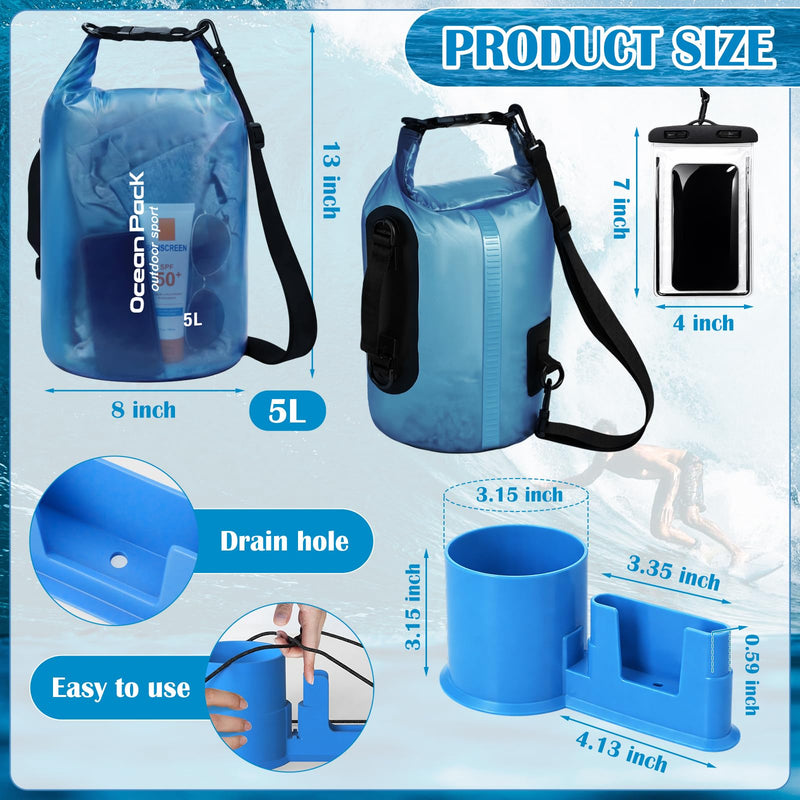 Thinkday 3 Pcs Paddle Board Accessories Include 5L Waterproof Dry Bag for Women Men 2-in-1 Paddleboard Cup Holder Waterproof Phone Case Roll Top Lightweight Storage Bag for SUP Kayak Boat (Blue) Blue