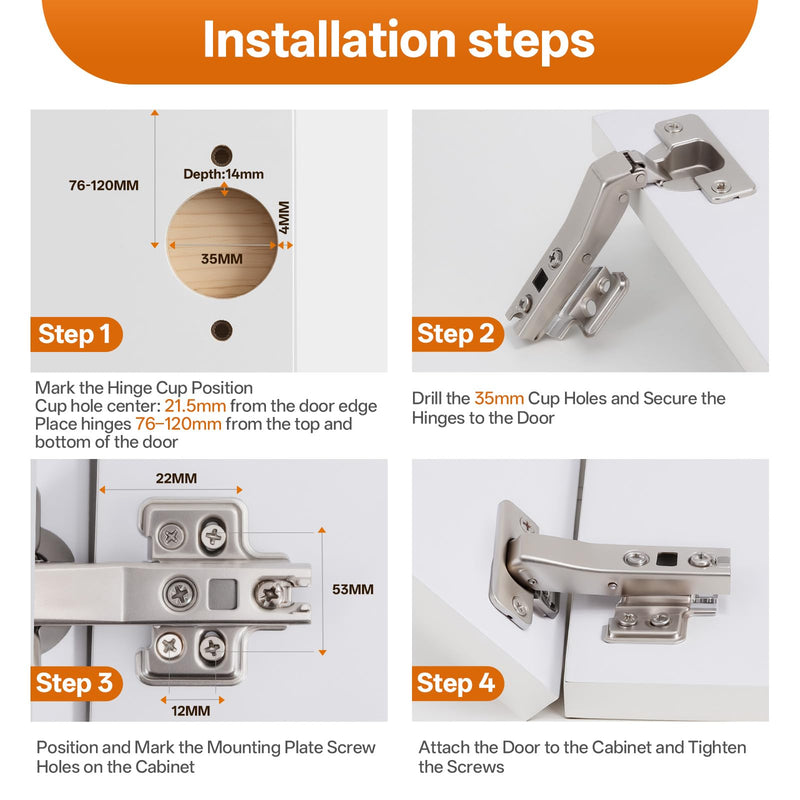 HBL' 4 Pack 45° Corner Cabinet Hinges, 45 Degree Angled Hinge Replacement for Diagonal Wall Cabinets, 35MM European Soft Close Hinges for Frameless Doors