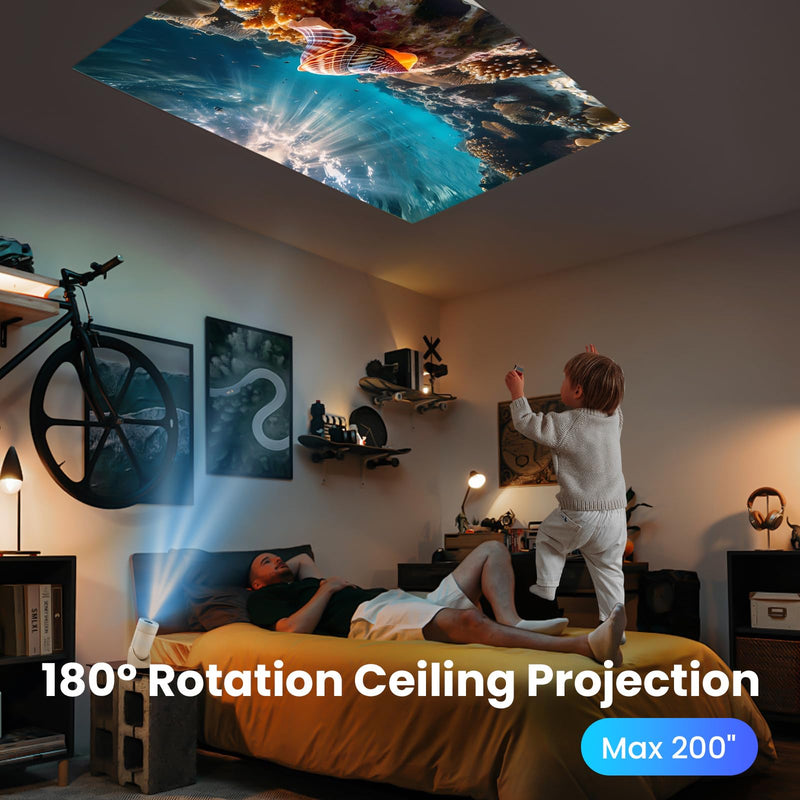 Mini Projector Supports 4k, Wifi, Bluetooth, and 180 Degree Roation Built in Speaker Connects to Phone iPhone/Android/TV Stick, Outdoor Projector 1-White