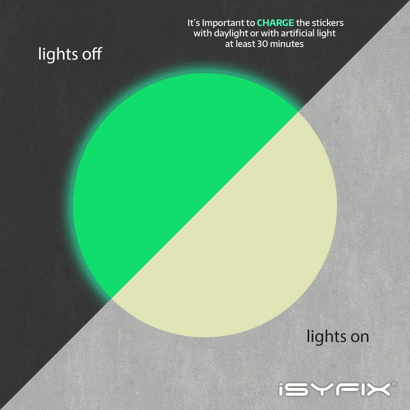 iSYFIX Glow in The Dark Dots Stickers - 60 Pack, 1 Inch - Premium Self-Adhesive Photoluminescent Vinyl, Safety Sticker, Perfect to Mark Stairs, Exits, Steps, Garages, Home, Office, Switches & Walls.
