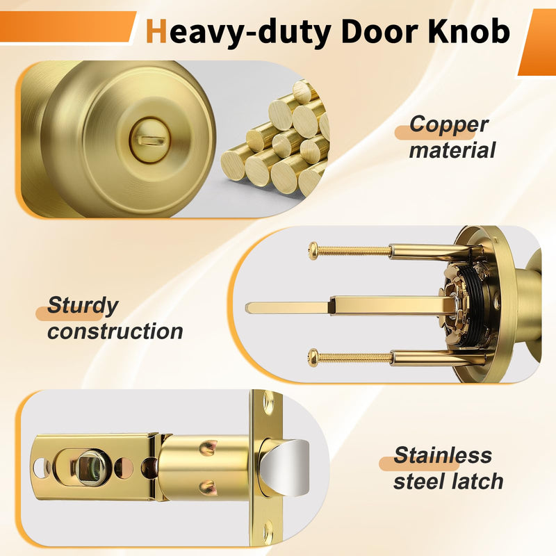 Probrico Brushed Brass Door Knobs for Bedroom Bathroom, Interior Door Knob with Round Ball, Gold Privacy Door Knob, 3 Pack