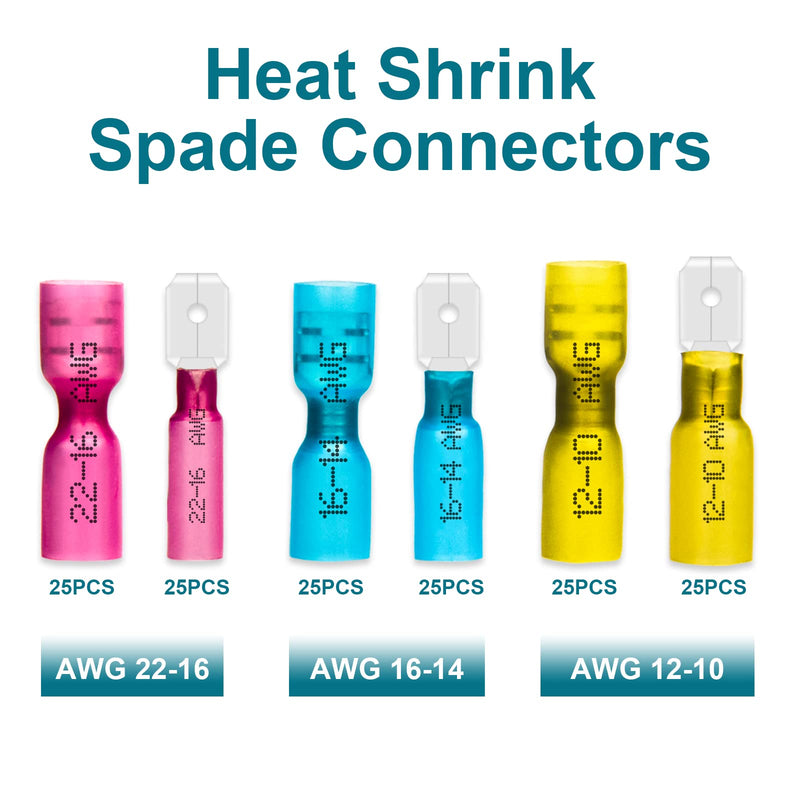 150 PCS Spade Connectors, Heat Shrink Spade Terminals 22-10 AWG, Wire Connectors Male and Female by MENTBERY 22-10AWG Spade Female & Male