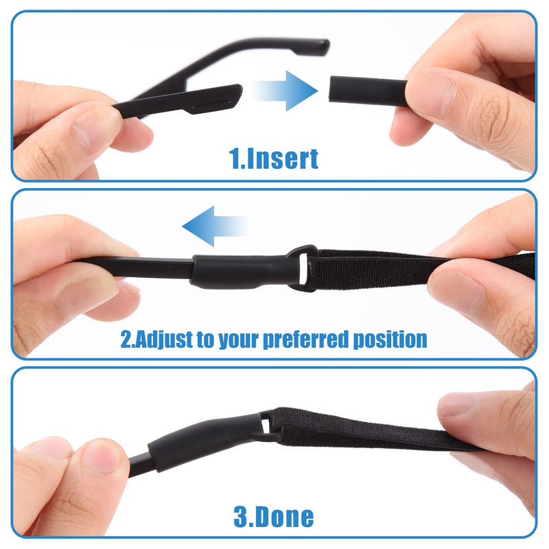 Adjustable Glasses Straps - 3 Pcs No Tail Adjustable Eyewear Retainer Glasse Strap for Men's Glasses Straps, Kids' Glasses Straps, Women's Glasses Straps, Sunglasses Straps, Black(7.5-13.5 inch) 7.5-13.5 inch