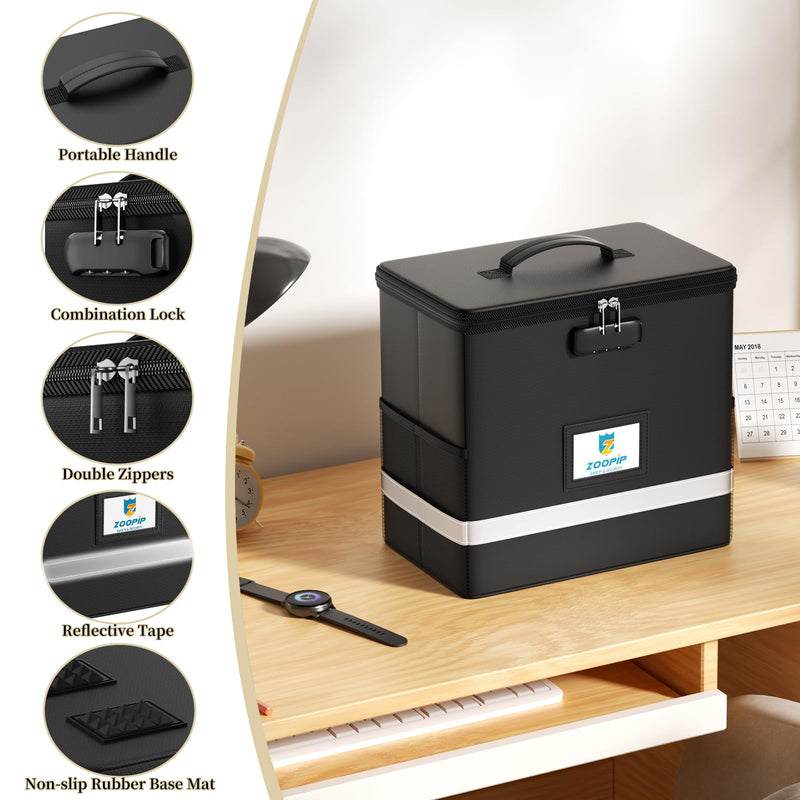 Fireproof File Box with Lock, Document Box Storage Organizer, Suitable for Hanging File Folders in Letter Size, Collapsible File Box, Reflective Strip for Fast Find (12.2"*6"*10.2, Black) Small