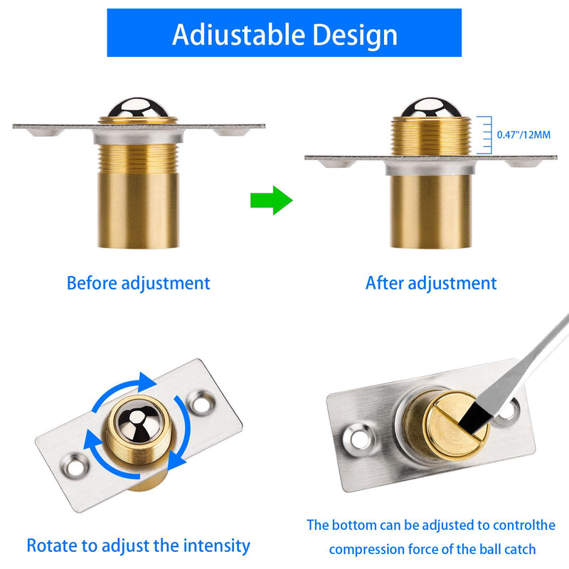4Pack Door Ball Catch, Closet Door Ball Catch Hardware, Brushed Stainless Steel Drive in Ball Catcher with Strike Plate, Adjustable French Door Hardware for Invisible Pantry Ball Bearing Door Latch