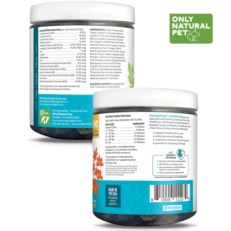 Only Natural Pet EasyDefense Barrier Bites Soft Flea Chews for Dogs - First Line of Defense Againts Fleas & Ticks, Boosts Immune System and Healthy Skin & Coat - (90 Bacon Flavored Soft Chews) 1 Pack 90 Count (Pack of 1) - PawsPlanet Australia