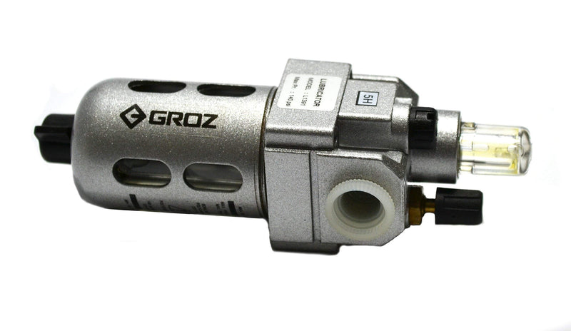 Groz Miniature Air Line Lubricator, 1/4" NPT, Fog/Micro-Mist Type, 48 CFM Max Flow, 145 PSI, Polycarbonate Bowl with Steel Guard, Die-Cast Aluminum Head, ISO 6301-1, 100% Factory Tested (60251)