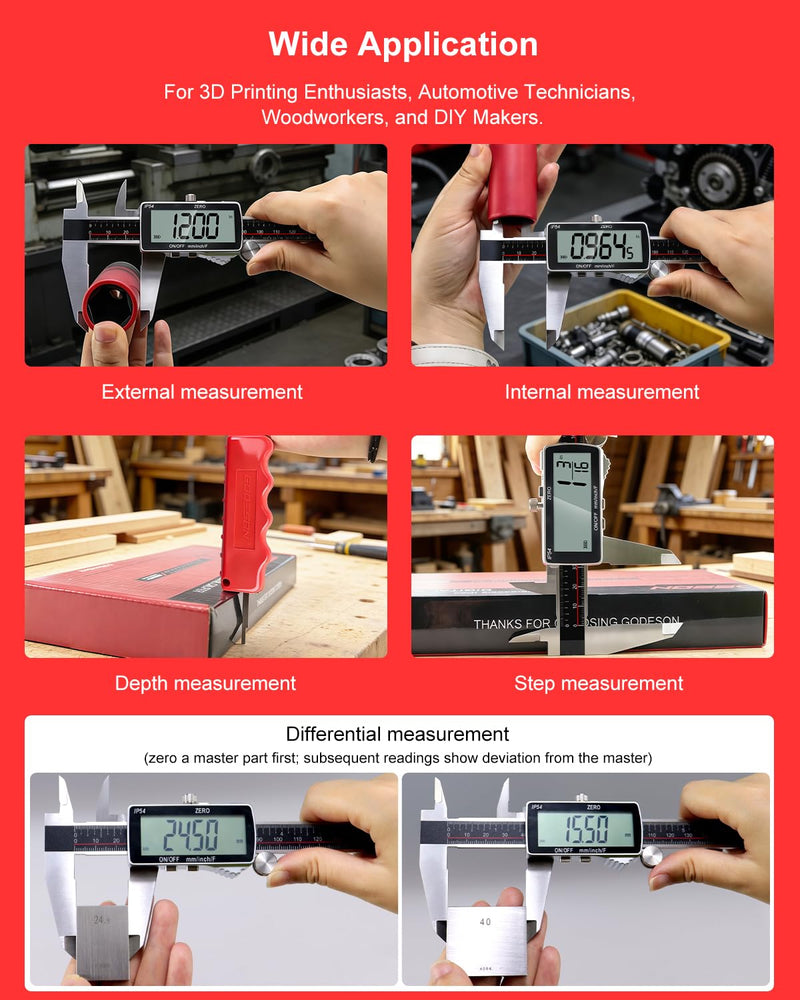 GODESON 8" Digital Caliper, 0.001" Precision Rechargeable Vernier Caliper - USB-C, IP54 Protection，Full Stainless Steel, Inch/MM/Fraction, Large LCD Measuring Tool for Machining, DIY & 3D Printing