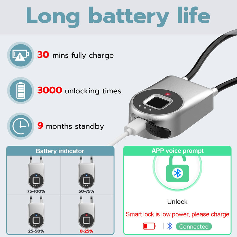 Fingerprint Gate Lock, 3.6'' Long Cable Fingerprint Lock, Smart Keyless Biometric Waterproof Outdoor Bluetooth Cord Gate Lock for Outdoor Fence Gym Locker Helmet Case Silver 3.6'' Shackle