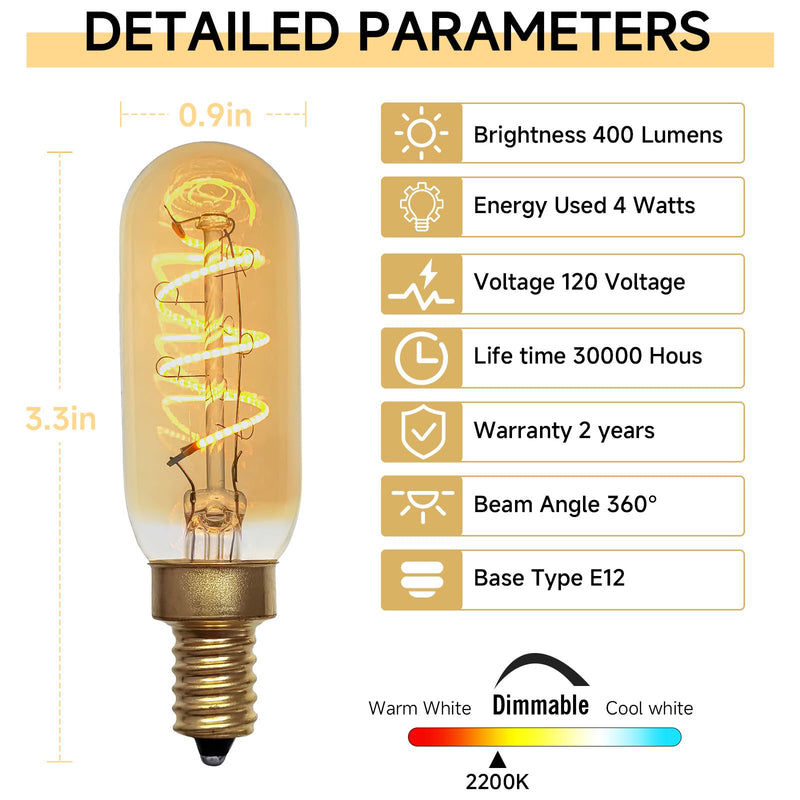 T6/T25 LED Edison Candelabra Bulb, E12 Base, Dimmable, 40W Equivalent (4W), 2200K Warm White, Spiral Filament, Amber Glass - Ideal for Chandelier, Ceiling Fan - 6 Pack