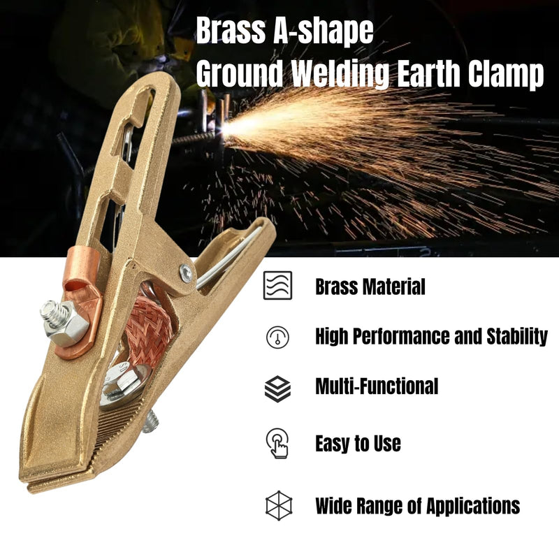500A Ground Clamp for Welding Machine, Brass A-Shape Earth Grounding Clamp with Copper Grip Clip, Welder Ground Cable Connection Tool