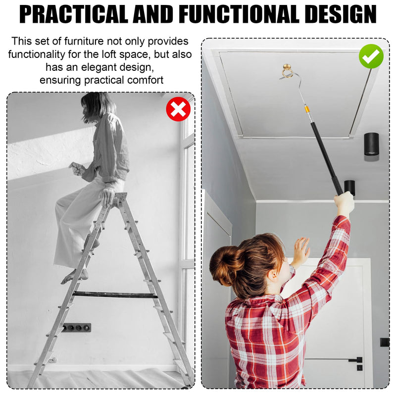 Ladder Pull Down System Kit, Attic Stairs Door Pull Replacement Set with Up to 64in Retractable Tie Rod with Hook M4 Screw Screw Nut Extension Pole and Copper Storage Hook Handle Part Tool Accessories