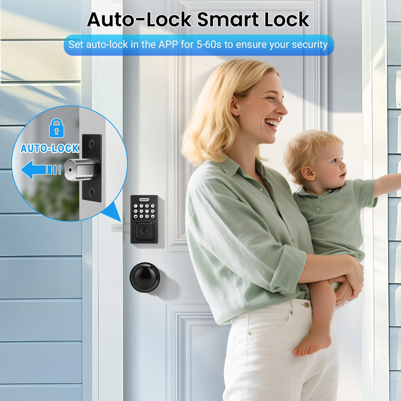 KNOBWELL Fingerprint Door Lock, Passage Door Knob, Black Keyless Entry Electronic Keypad Deadbolt Smart Front Door Lock Set Square Deadbolt