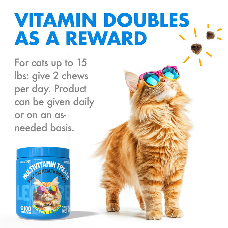 Multivitamin Cat Treats Vitamins for Indoor Cats Skin & Coat Digestion Immunity Mobility Heart & Brain Support Supplements for Overall Cat Health with Vitamins A B C D E and Biotin 100 Yummy Chews Multivimin 100