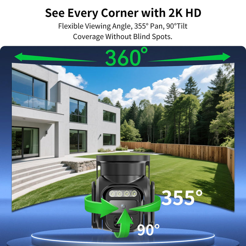4G LTE Cellular Solar Powered Security Camera Wireless Outdoor, No WiFi Security Camera with SIM Card & Unlimited Data Plan, 2 Way Talk, 355° Live View, 2K Color Night Vision, PIR Motion Sensor