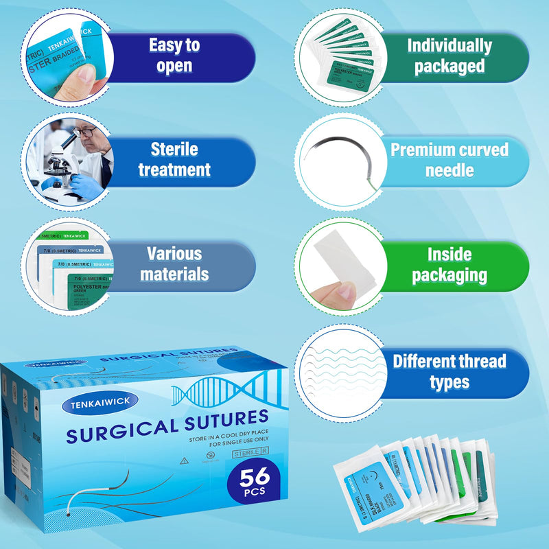 56 Packs Sutures Thread with Needle,Mixed Sutures, Training Threads(0,2/0,3/0,4/0,5/0,6/0,7/0) for Practicing Suturing can be Used for Suture Pads, Fruit peels,4 Material 56
