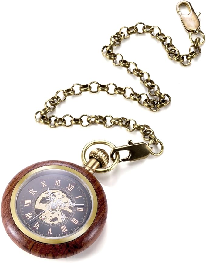 TREEWETO Wooden Mechanical Roman Numeral Pocket Watch Open Face Fob Watch Men Women Ladies - NewNest Australia