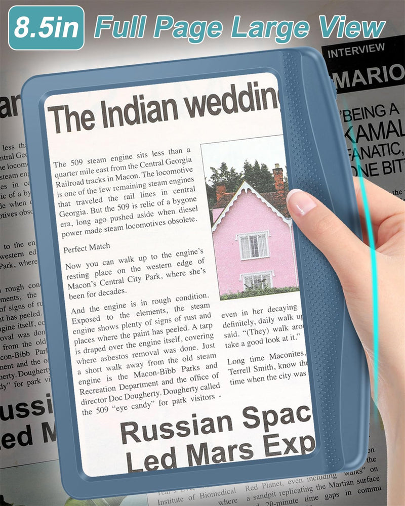 5X Rechargeable Magnifying Glass with Light, Large Bright LED Lighted Full Page Magnifier, Lightweight Rectangular Handheld Magnifier with Light for Reading Small Prints for Seniors, Blue 5X