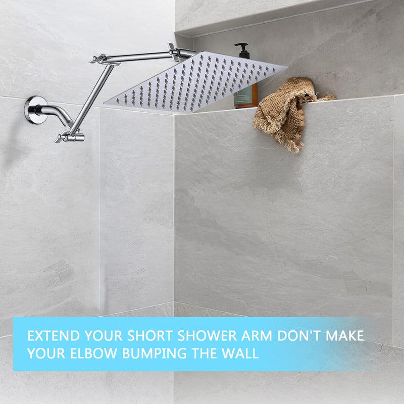 PDPBath Shower Extension Arm, 16" Upgrade Solid Brass Shower Head Shower Head Extender, Adjustable Height Extended with G1/2 Universal Connection for Rain & Handheld Shower Head - Chrome 8 Inch + 8 Inch - NewNest Australia