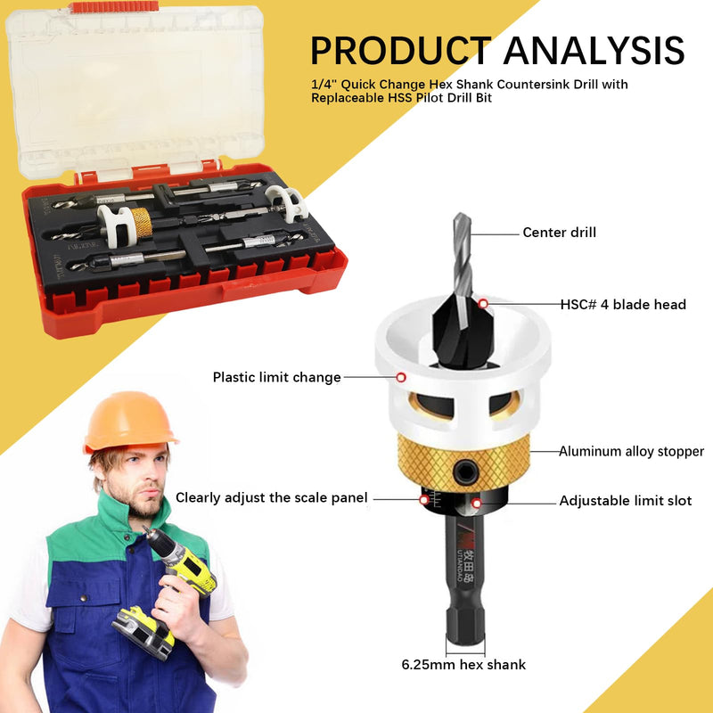 Countersink Drill Bits Set with Low Friction Depth Stop, 1/4" Quick Change Hex Shank Countersink Drill with Replaceable HSS Pilot Drill Bit, Counter Sink Drill Bit for Woodworking