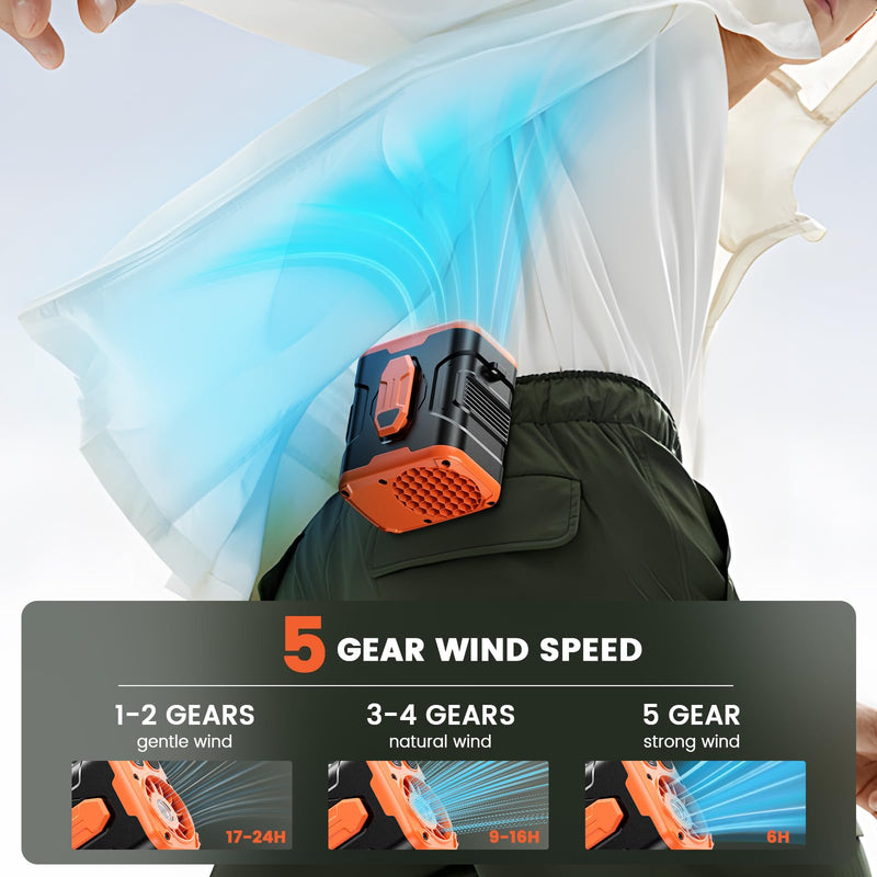coldSky Upgrade Portable Waist Fan Clip On, 10000mAh Rechargeable Wearable Belt/Neck Personal Fan with Light, 5 Speeds Strong Airflow Cooling for Outdoor Jobsite Camping Travel Medium Orange