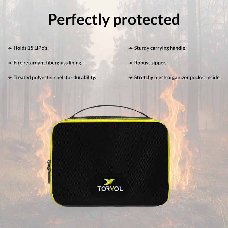 Torvol – LIPO SAFE BAG, Compact LiPo Battery Bag Fireproof, Stores up to 15 LiPo Batteries, Compatible Quad PITSTOP Backpacks, Battery Storage Organizer, 11 × 26 × 20 cm, Black & Green