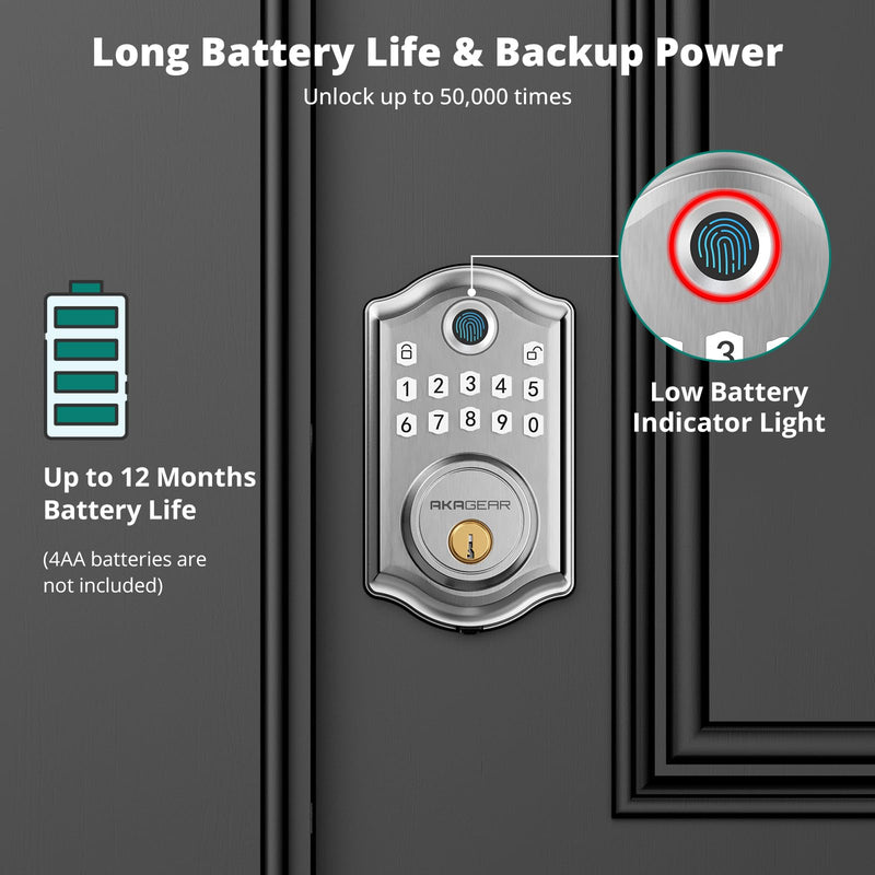 DS10 Pro Keyless Entry Door Lock with APP Control - Fingerprint Electronic Keypad Door Lock, Smart Locks for Front Door, Auto-Lock & One Touch Locking with Bluetooth - Satin Nickel