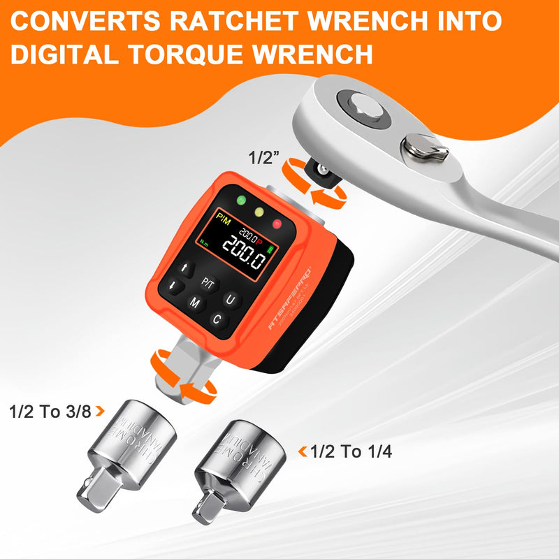 ATsafepro Digital Torque Adapter – 7-147 Ft-Lb, Converts Any 1/2" Ratchet Tool to Torque Wrench, 3/8" & 1/4" Adapters, ±2% Accuracy, Buzzer & LED Alerts, for Motorcycles, Bike & Versatile DIY Use 1/2-Inch 7-147 Ft-Lb