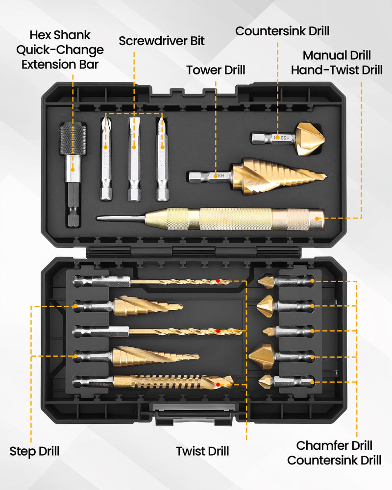 17-Piece Hex Shank Drill Bit Set, HSS Step, Countersink, Twist, Screwdriver & Punch Bits with Storage Case, for Metal/Wood/Plastic, DIY Gift for Homeowner & DIYer