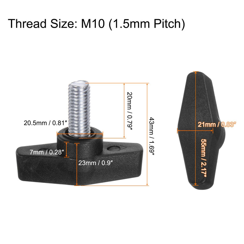 HARFINGTON 2pcs Tee Wing Knobs M10 x 20mm Metric Male Threaded Stud 55mm T Head Plastic Knob Handles Thumb Screws Hand Clamping Tightening Knob Grip Thumbscrew, Black M10 x 20mm x 55mm