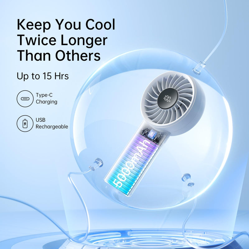 JISULIFE Handheld Portable Fan, Stronger and Longer-Lasting: 5 Speed, 5000mAh Battery, 12-Blade Turbo For Powerful Wider Wind, LED Display, Rechargeable Personal Fan for Travel Concerts Makeup-Gery Grey