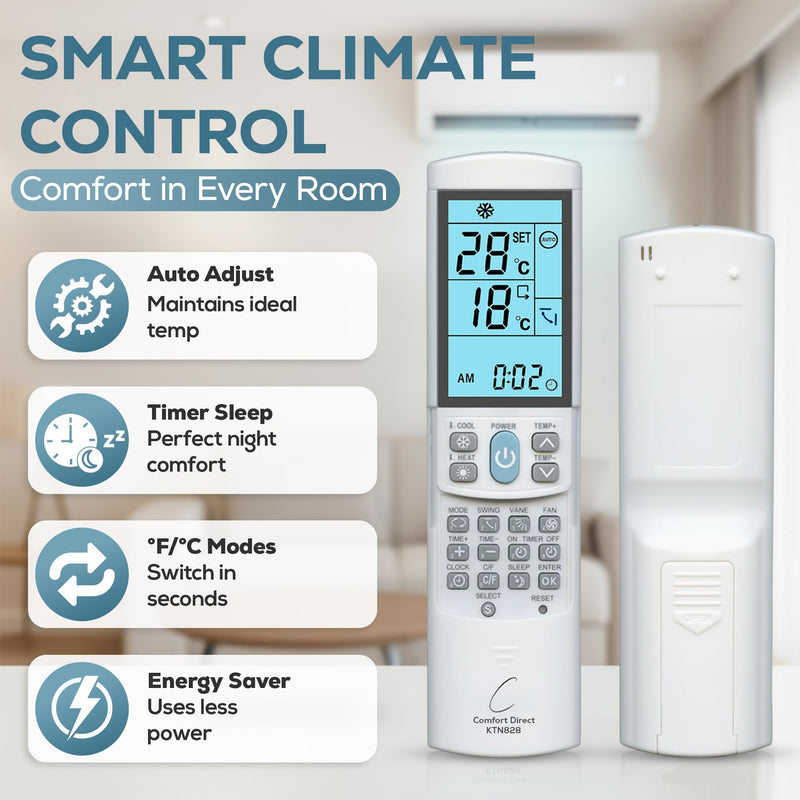 KTN828 Universal Mini-Split Air Condition Remote Control Dual °F/°C Modes - Works with Samsung, Lennox, Kenmore, Mitsubishi, Frigidaire, Hitachi, LG, Sharp, Panasonic, Toshiba, & More