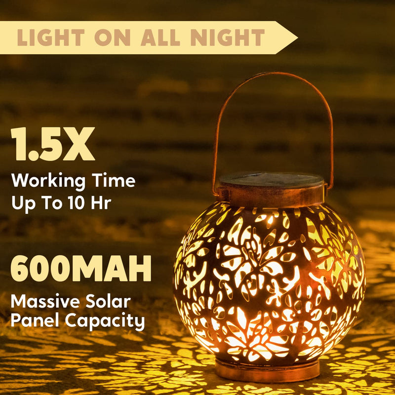 JOIEDOMI 2 Pack Outdoor Solar Hanging Lantern Lights, Waterproof Tabletop with Handle, LED Moroccan Lanterns, Metal Decorative Garden Solar Lights for Patio, Lawn, Porch, Backyard Round