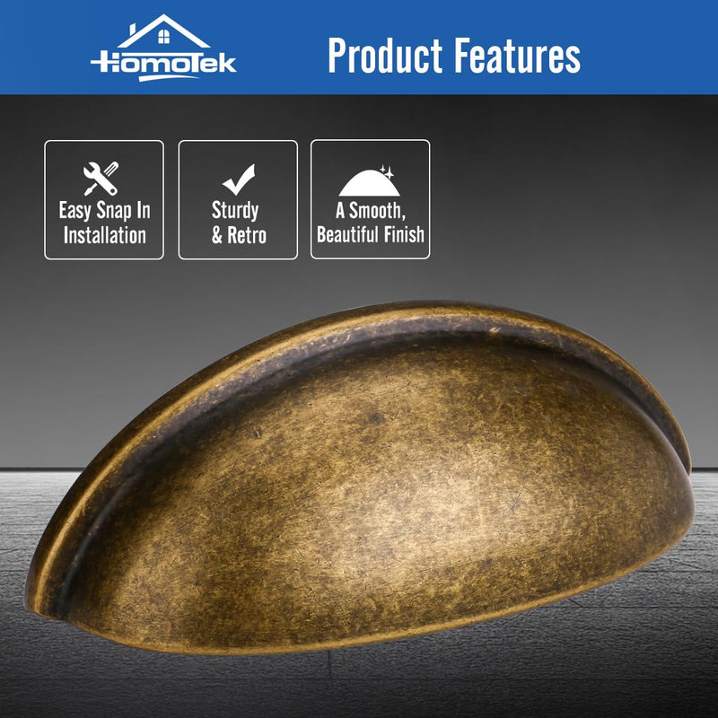 HOMOTEK 12 Pack Drawer Bin Cup Pulls Dresser Pulls for Cabinets Brass Bronze - 3 Inch Hole Centers Furniture Handles,Kitchen Cabinet Hardware