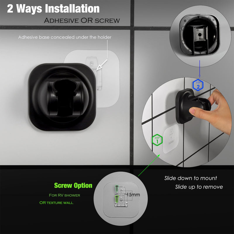 Handheld Shower Head Holder - 5 Positions Adjustable - Slide to Fit - Adhesive Mount with Screw Option, Bathroom Wall Mount Shower Hose Holder (Matte Black) Matte Black
