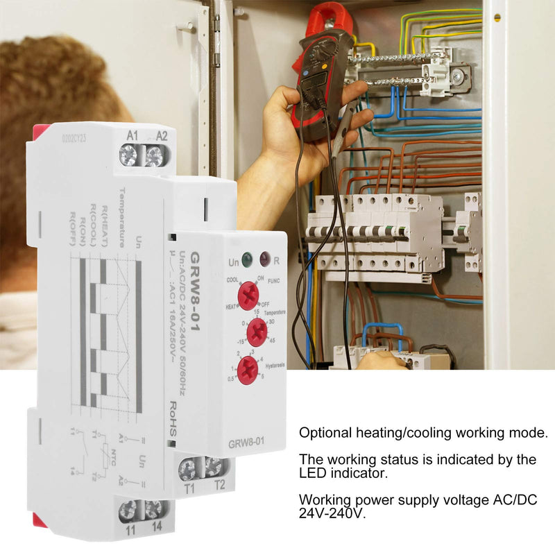 Temperature Control Relay Temperature Monitor 1.4in Rail Mount with Probe L-N Terminal High Low LED Display -15℃ to 45℃