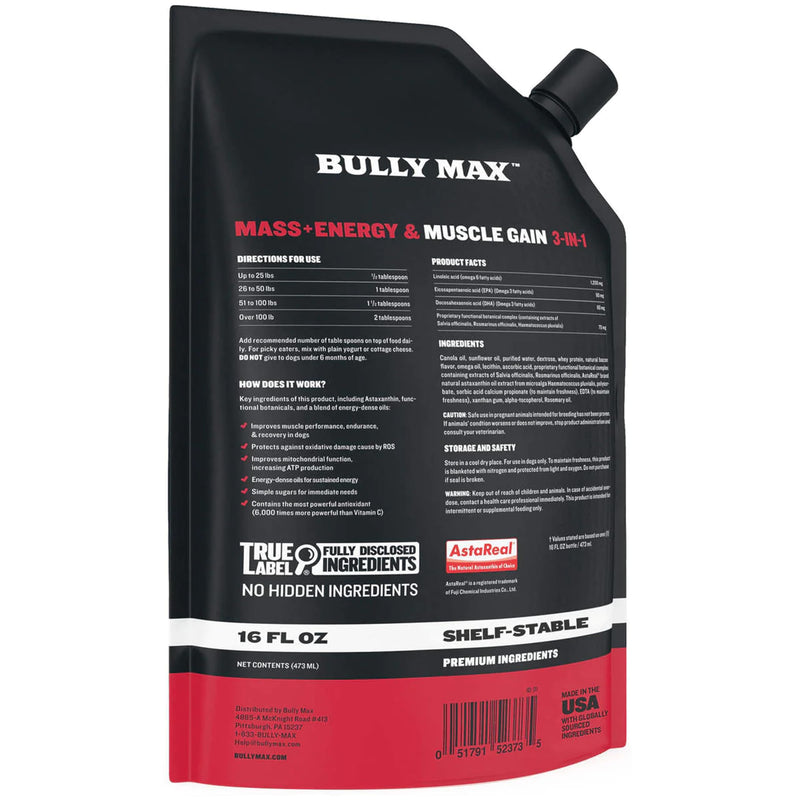 Bully Max 3-in-1 Liquid Dog Muscle Builder for Puppy and Adult Dogs - Dog Vitamins & Supplements for Performance, Energy, Recovery, Immune Support, Skin, Coat Health - Canine Supplement for All Breeds