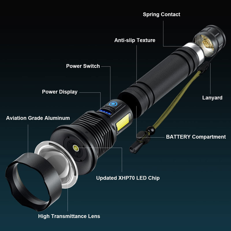Cinlinso Flashlights High Lumens Rechargeable, 99,000 Lumens Super Bright Led Flashlight, Flash Light with 7 Modes, IPX6 Waterproof, Handheld Powerful Flashlight for Camping, Emergencies (Black) Black